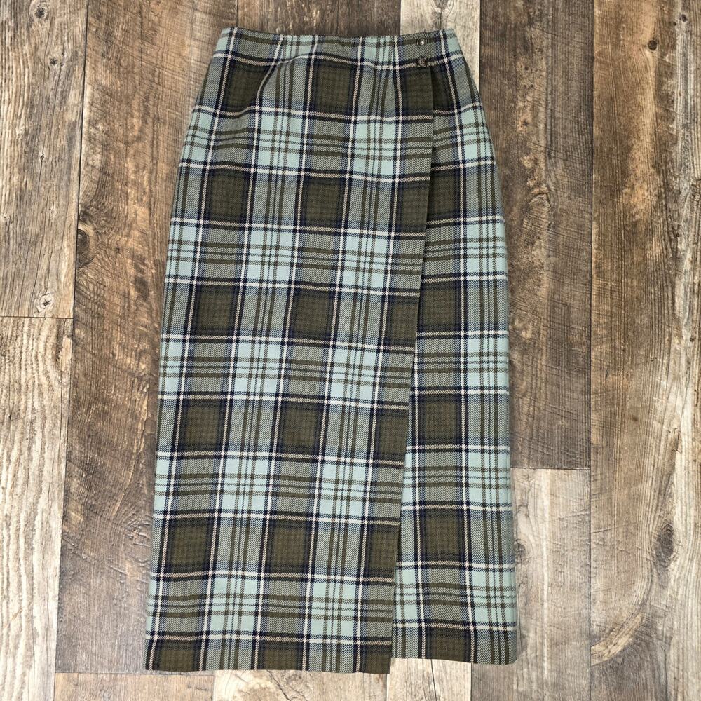 Vintage Plaid Wool Maxi Skirt Faux Wrap Tartan Academia Fall Size 4 Talbots